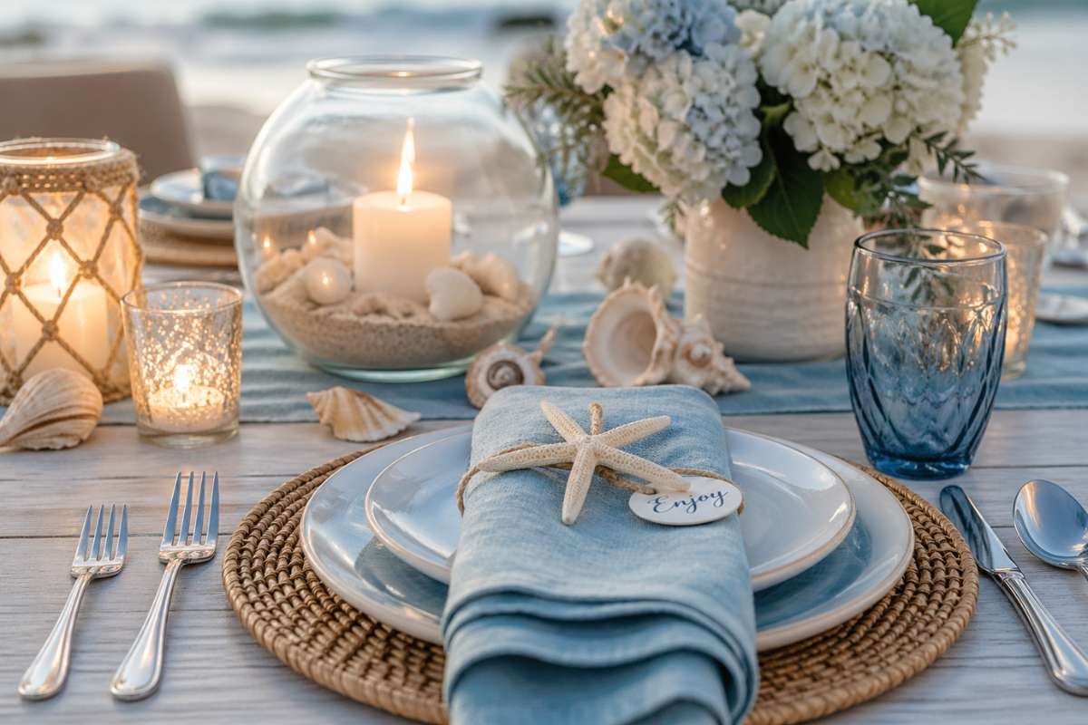 Beach wedding table decor with shells and blue accents