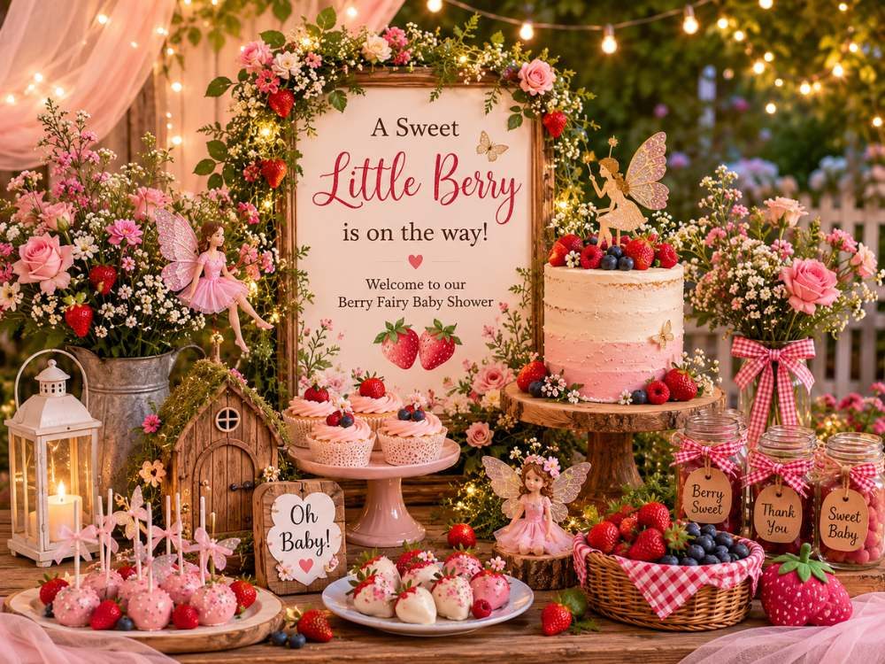Berry fairy garden theme baby shower featuring whimsical fairy decorations, twinkling string lights, pink floral arrangements, fresh strawberry desserts, woodland-inspired accents, and a magical outdoor dessert table setup.