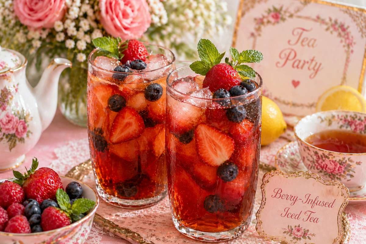 Refreshing berry-infused iced tea with strawberries and blueberries served at a floral tea party