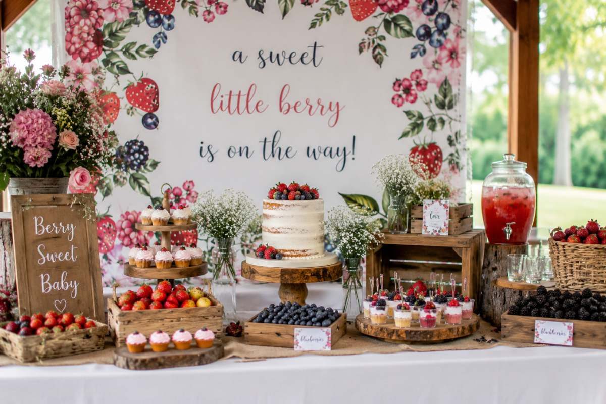 Berry-themed baby shower decorations with fresh berries, rustic wooden displays, floral accents, berry desserts, and a charming dessert table inspired by nature's colors.