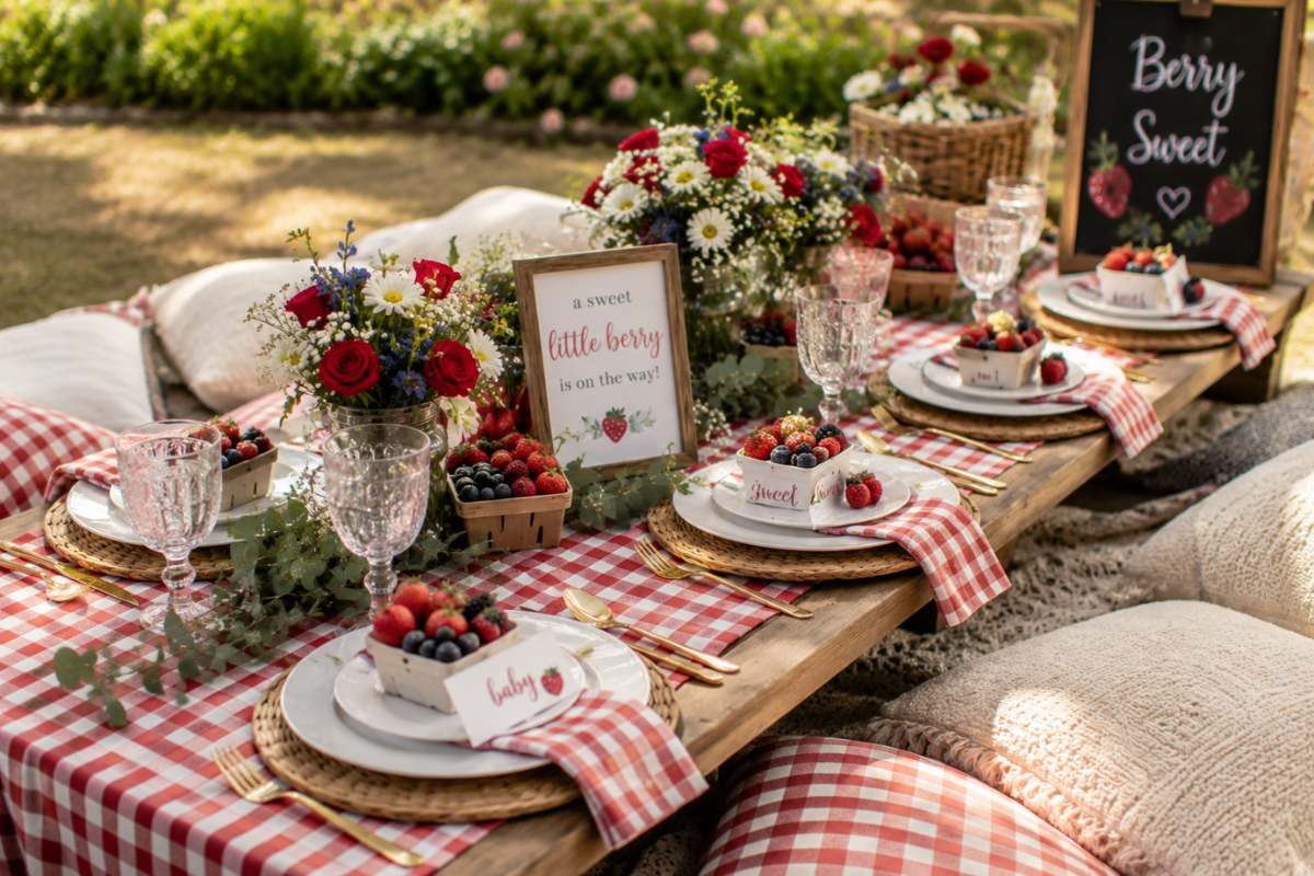 Beautiful berry picnic party table setup with fresh berries, gingham table linens, floral centerpieces, low wooden dining table, and cozy outdoor baby shower decor ideas.