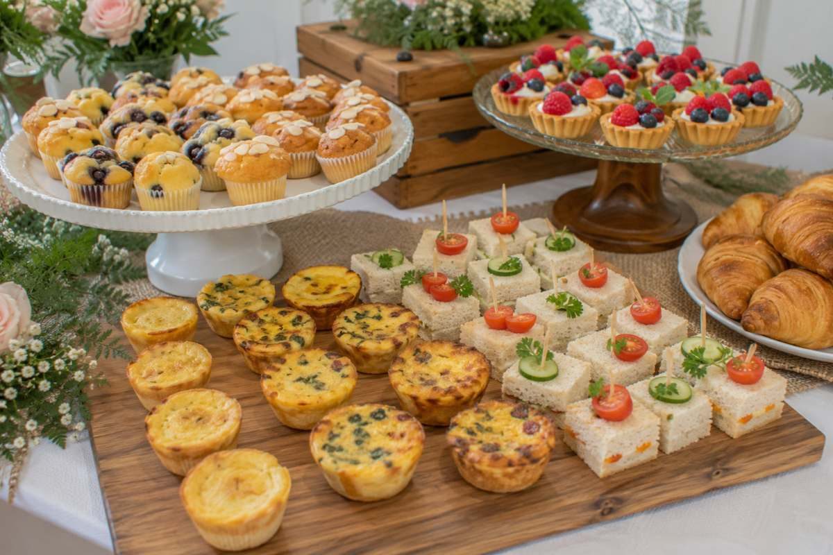 Bite-sized brunch treats for a baby shower featuring mini quiches, tea sandwiches, croissants, berry tartlets, and assorted muffins displayed on elegant serving platters with floral accents.