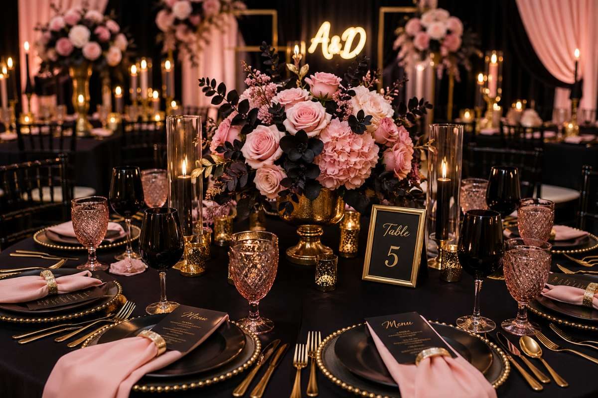 Modern wedding table decor with black gold and pink color palette