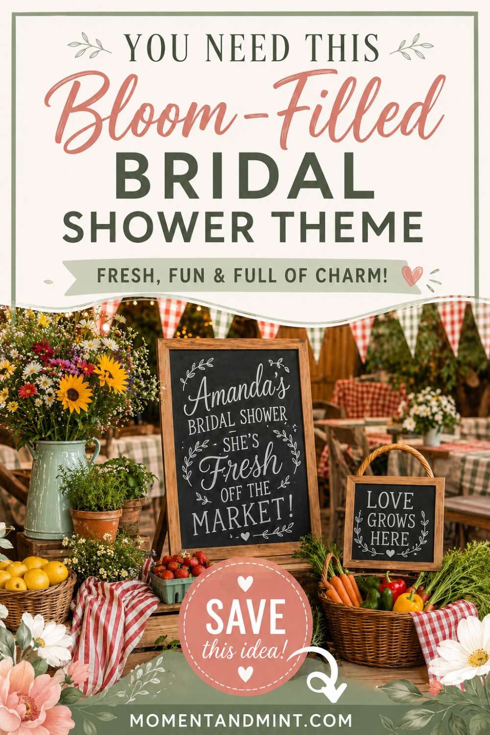 Fresh Off the Market bridal shower featuring rustic market décor, fresh flowers, wooden crates, gingham tablecloths, produce displays, and charming floral decorations.