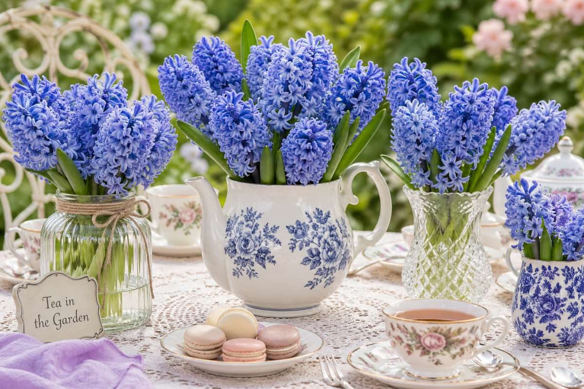 blue hyacinth flowers in vintage teapots for tea party table decor