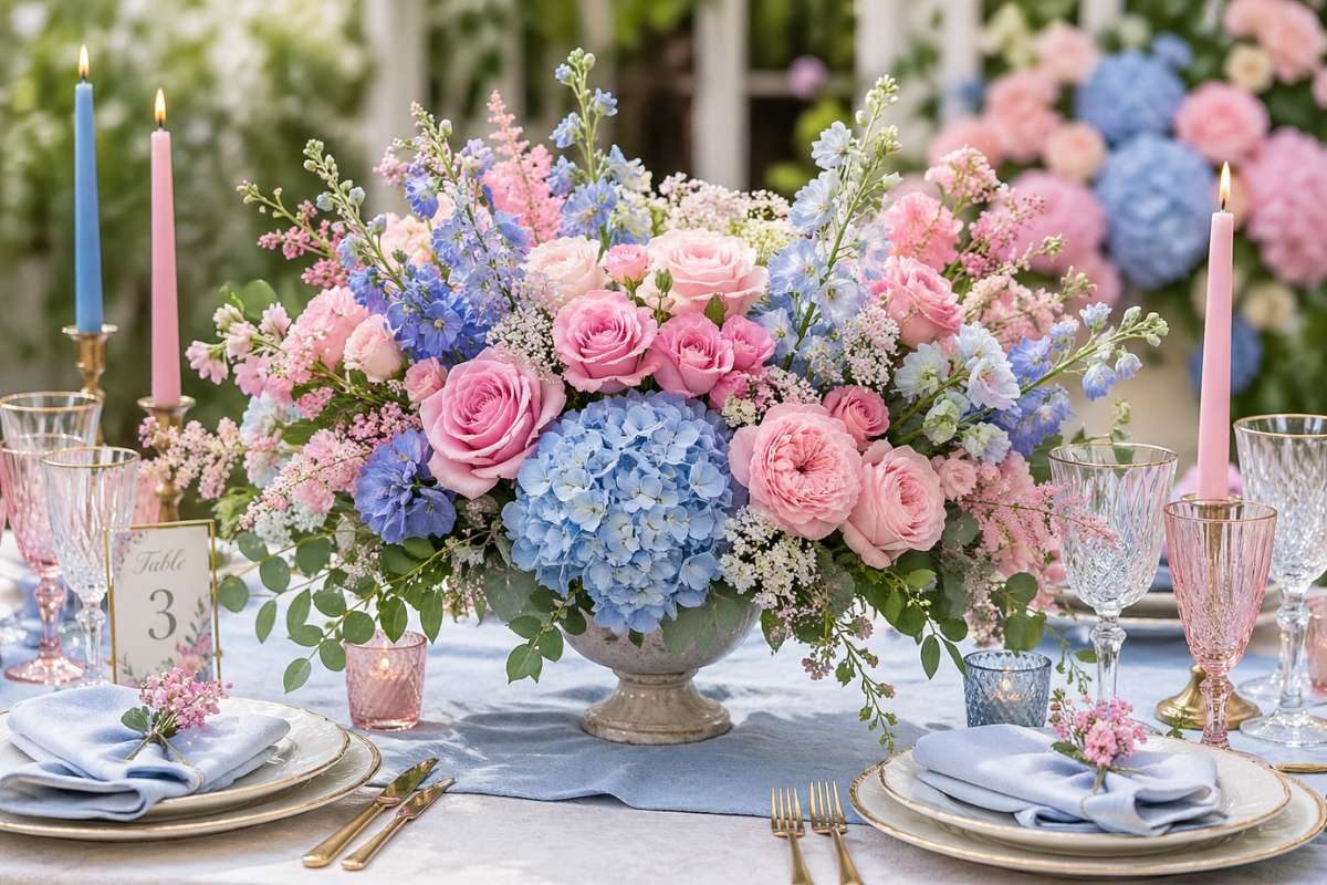 Romantic wedding centerpiece with blue and pink flowers