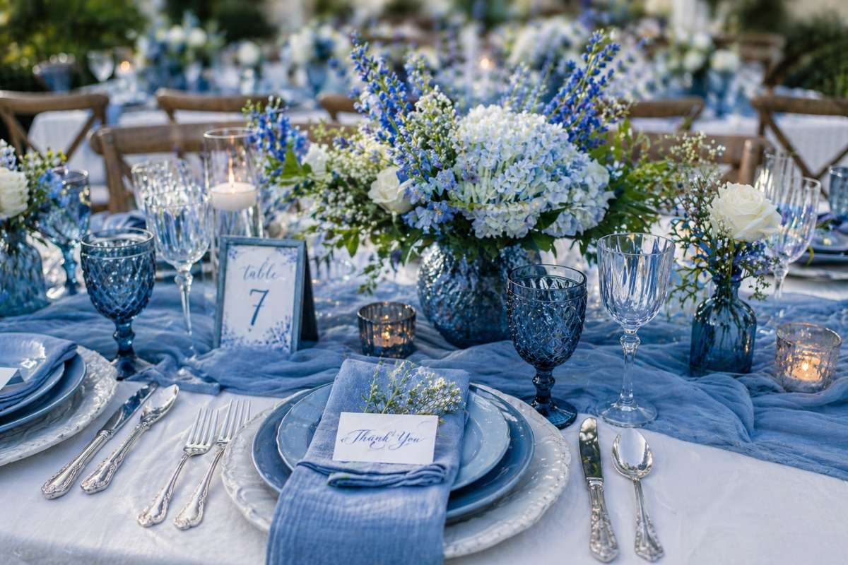 Wedding table decor with different shades of blue and textures