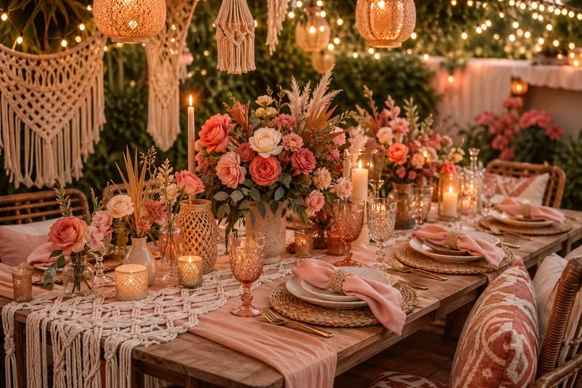 bohemian wedding table decor macrame blush coral