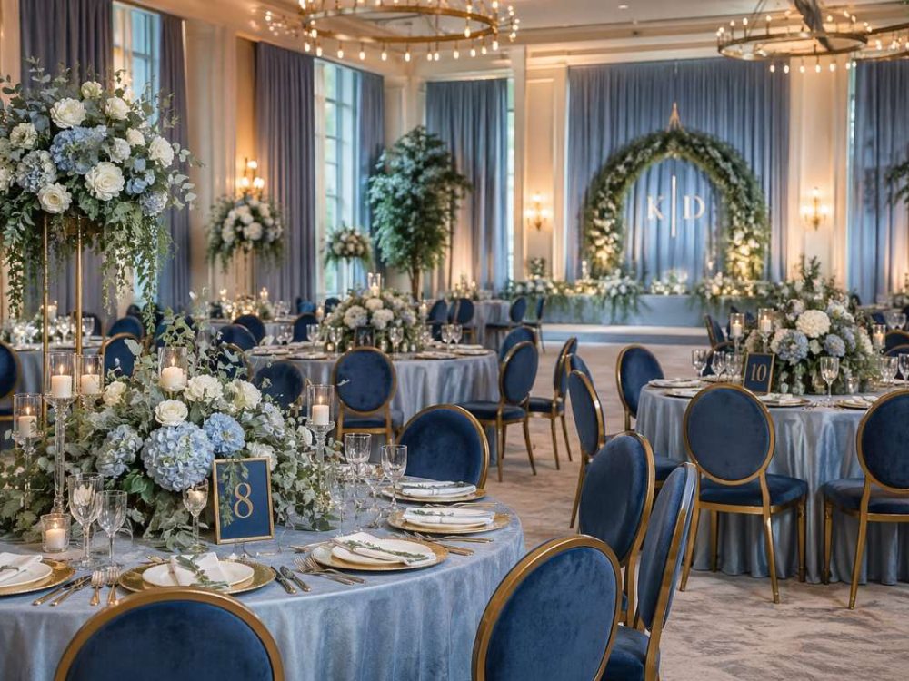 elegant reception with bold dusty blue chairs and floral centerpieces