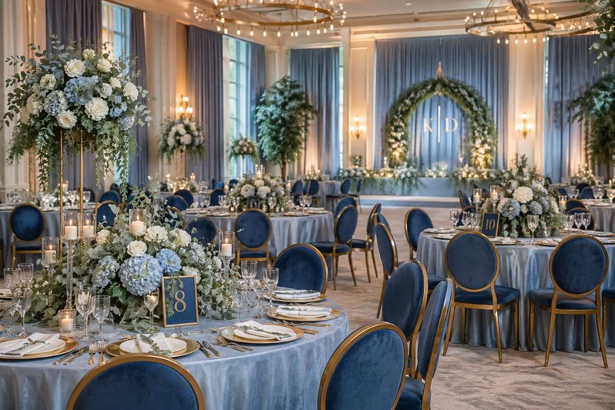 elegant reception with bold dusty blue chairs and floral centerpieces