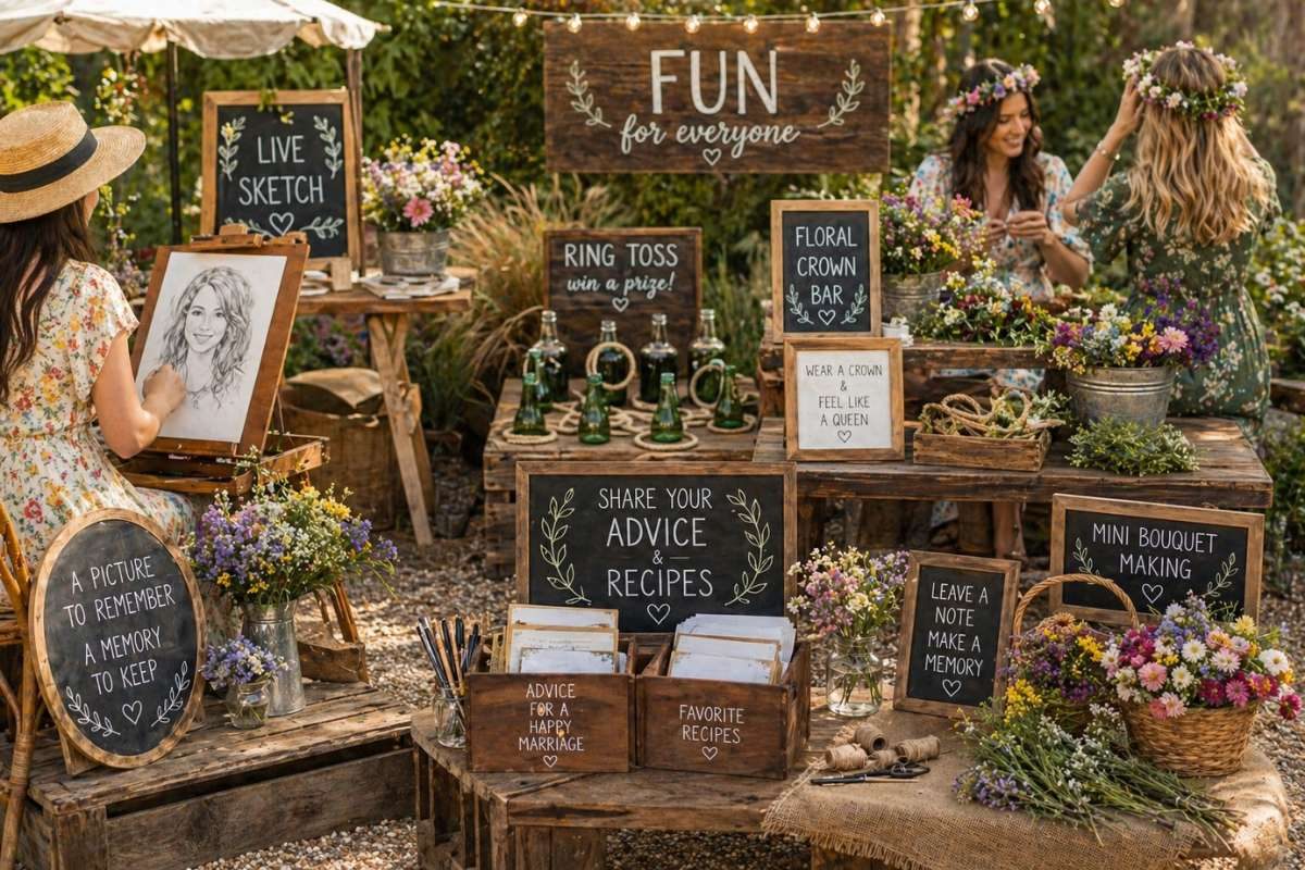 Bridal shower activity stations including flower crown making and live sketch artist