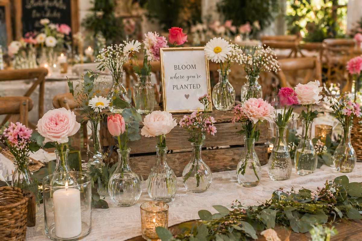 Clear glass bud vases with fresh flowers arranged on bridal shower table for an elegant and airy look