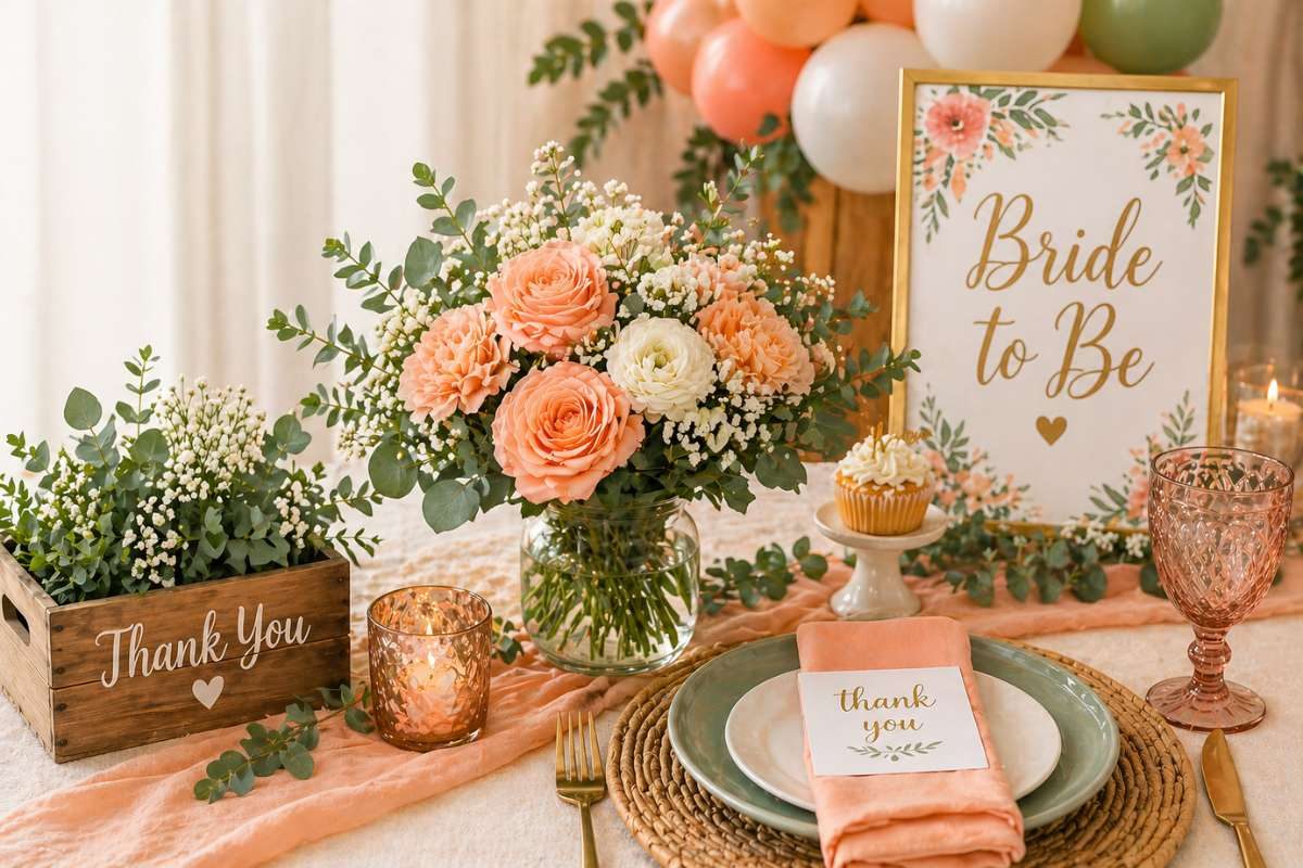 Bridal shower table styled with peach, green, and neutral tones for a fresh farmers market inspired color palette
