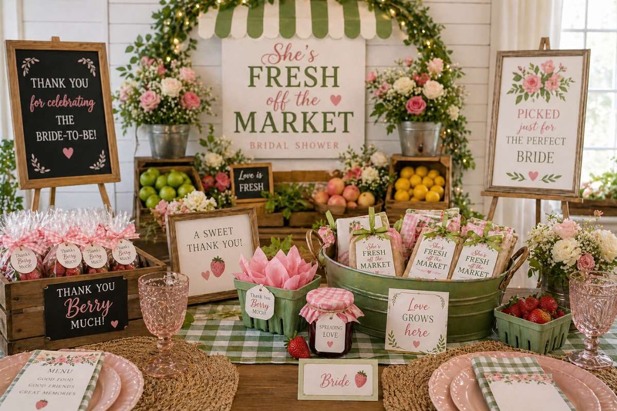 Farmers market bridal shower setup with coordinated signage, flowers, and decorative details