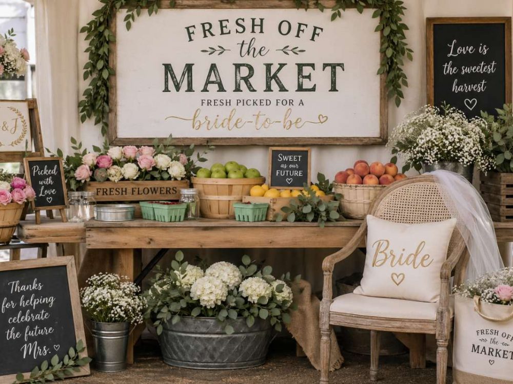 Farmers market bridal shower decor with subtle bridal touches like signage, flowers, and bride chair