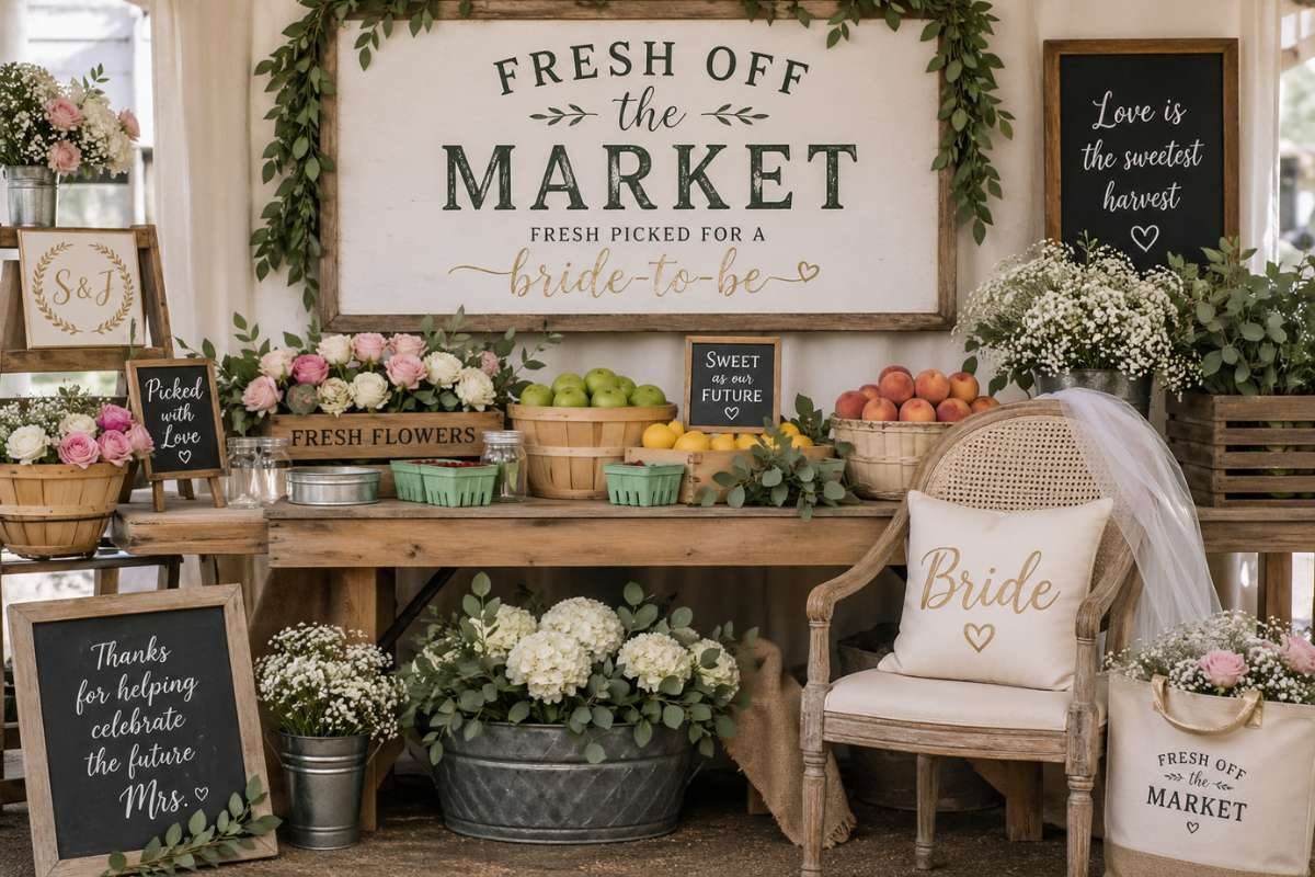Farmers market bridal shower decor with subtle bridal touches like signage, flowers, and bride chair