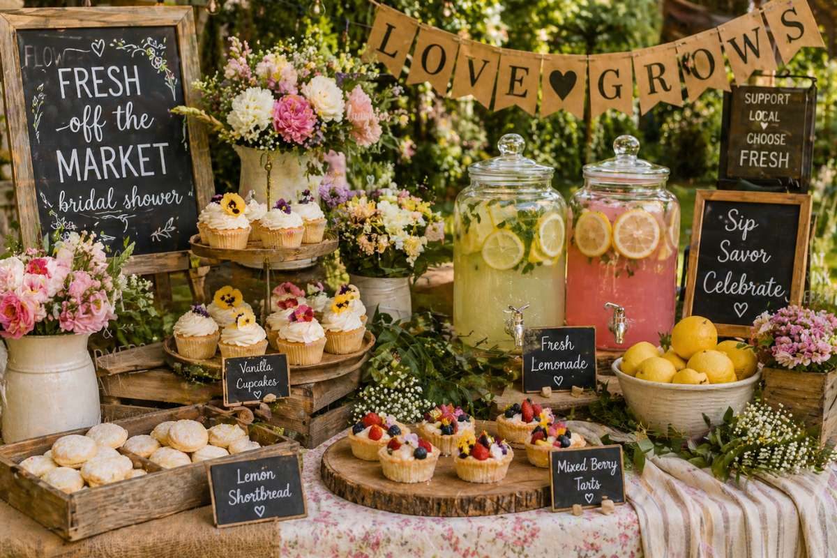 Dessert and drink station with flowers, lemonade, and cupcakes in farmers market bridal shower setup