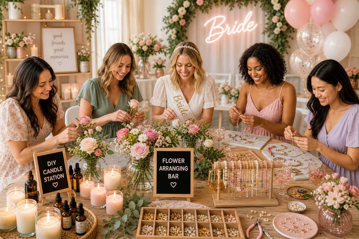 Bridal shower DIY station with flower arranging, candle making, and jewelry crafting