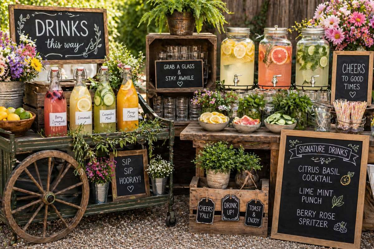 Bridal shower drink station with lemonade, infused water, and signature cocktails