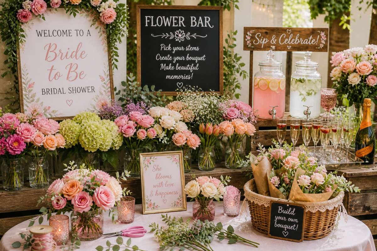 Floral bar bridal shower setup with bouquet making station and fresh flowers