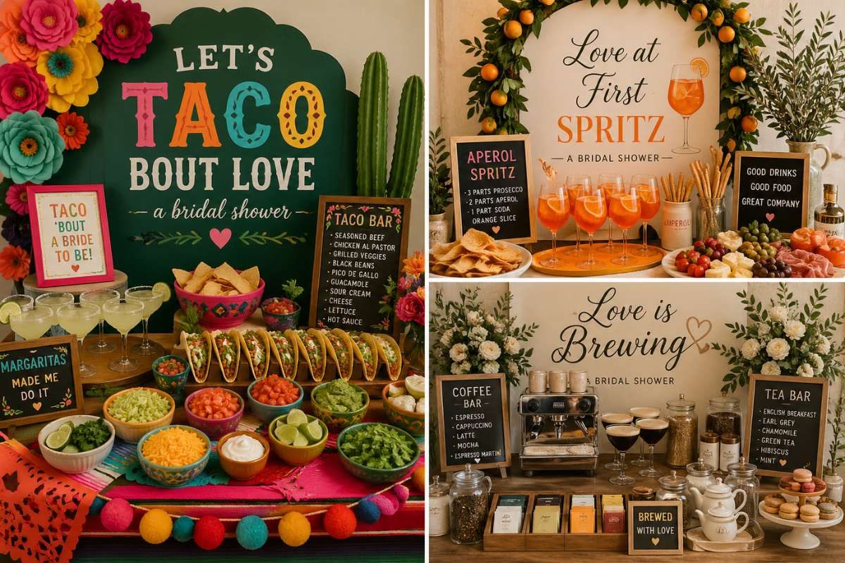 Bridal shower food stations including taco bar, spritz drinks, and coffee bar