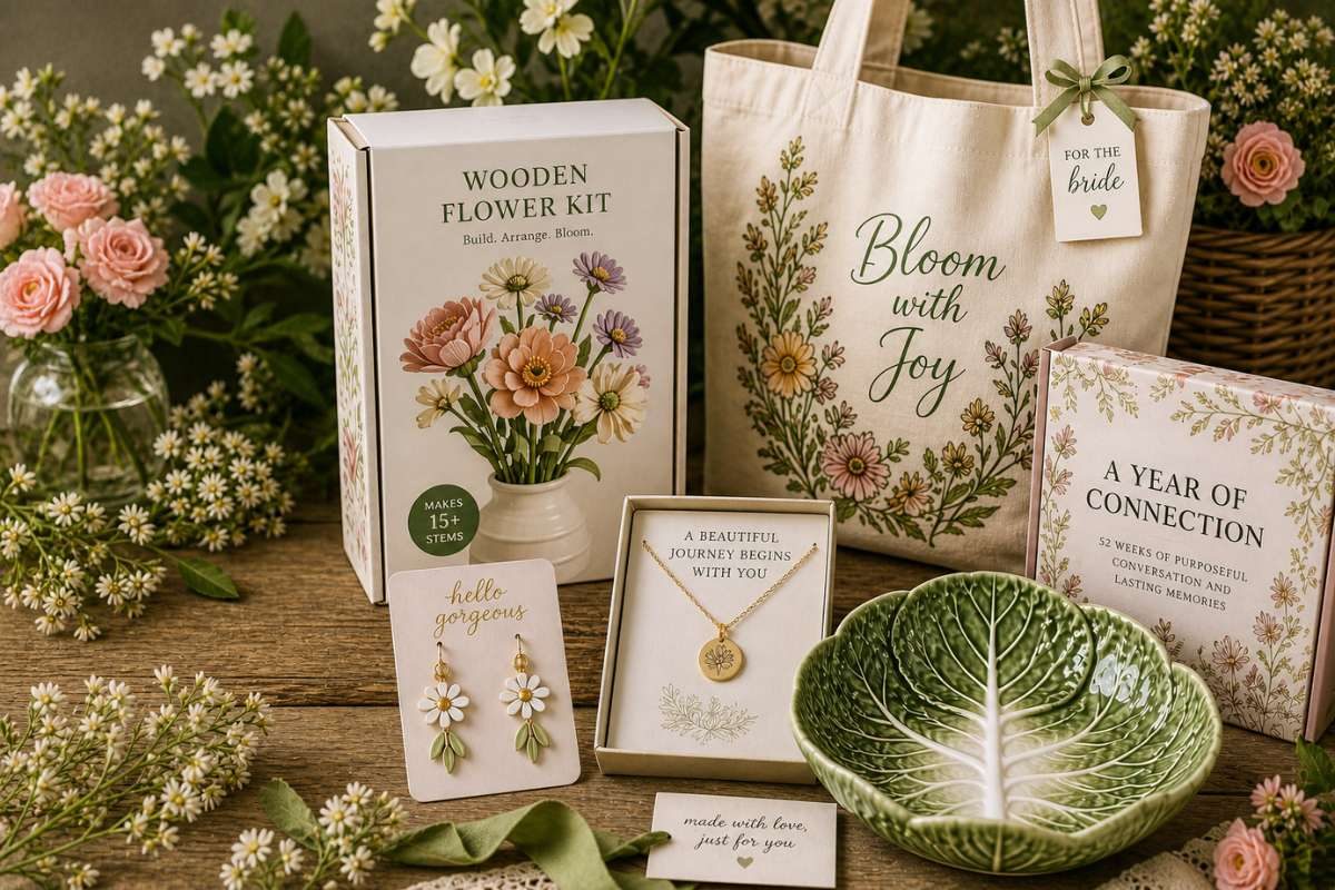 Bridal shower gift ideas including floral kits, jewelry, and personalized items