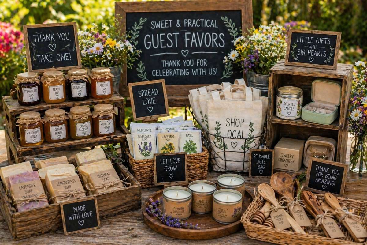 Bridal shower guest favors with honey jars, handmade soaps, and candles