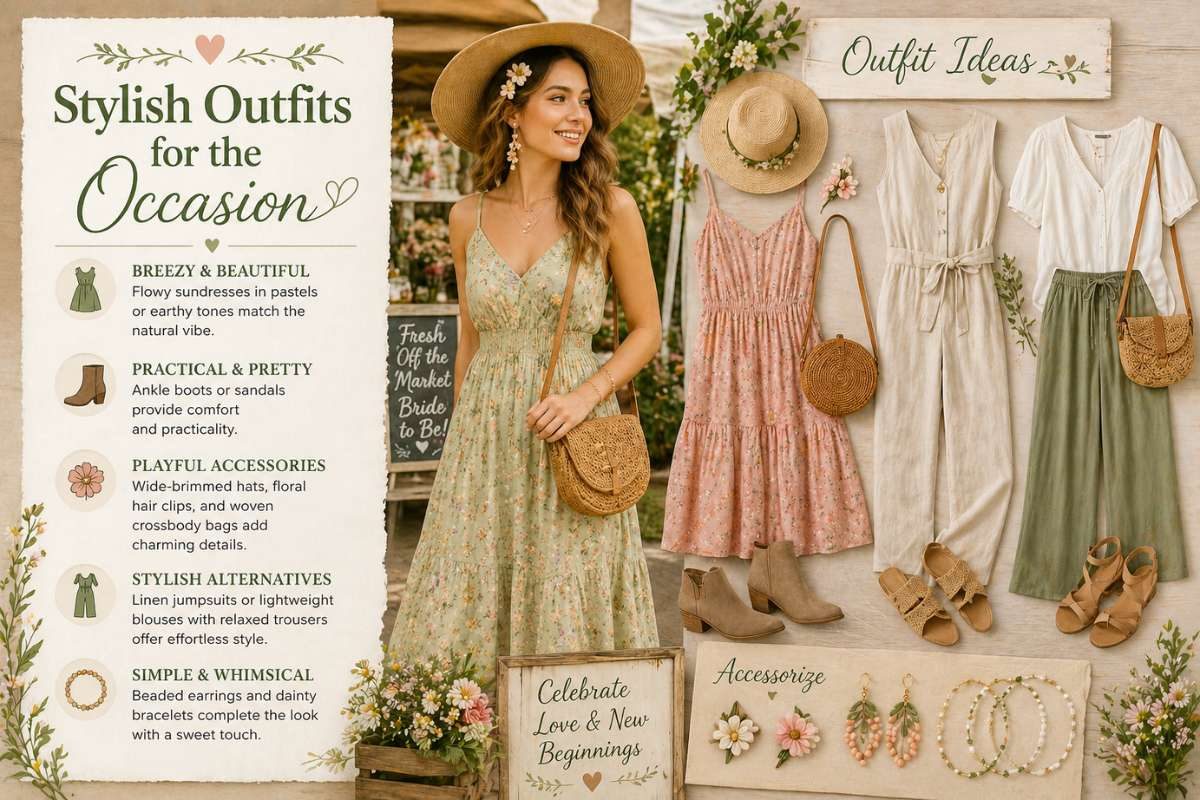 Bridal shower outfit ideas with flowy dresses, hats, and earthy tones