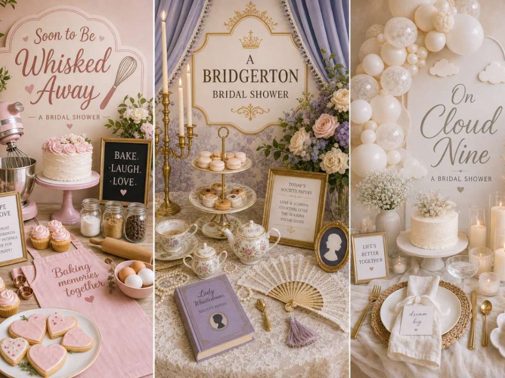 Bridal shower themes including Bridgerton, baking party, and cloud nine aesthetic