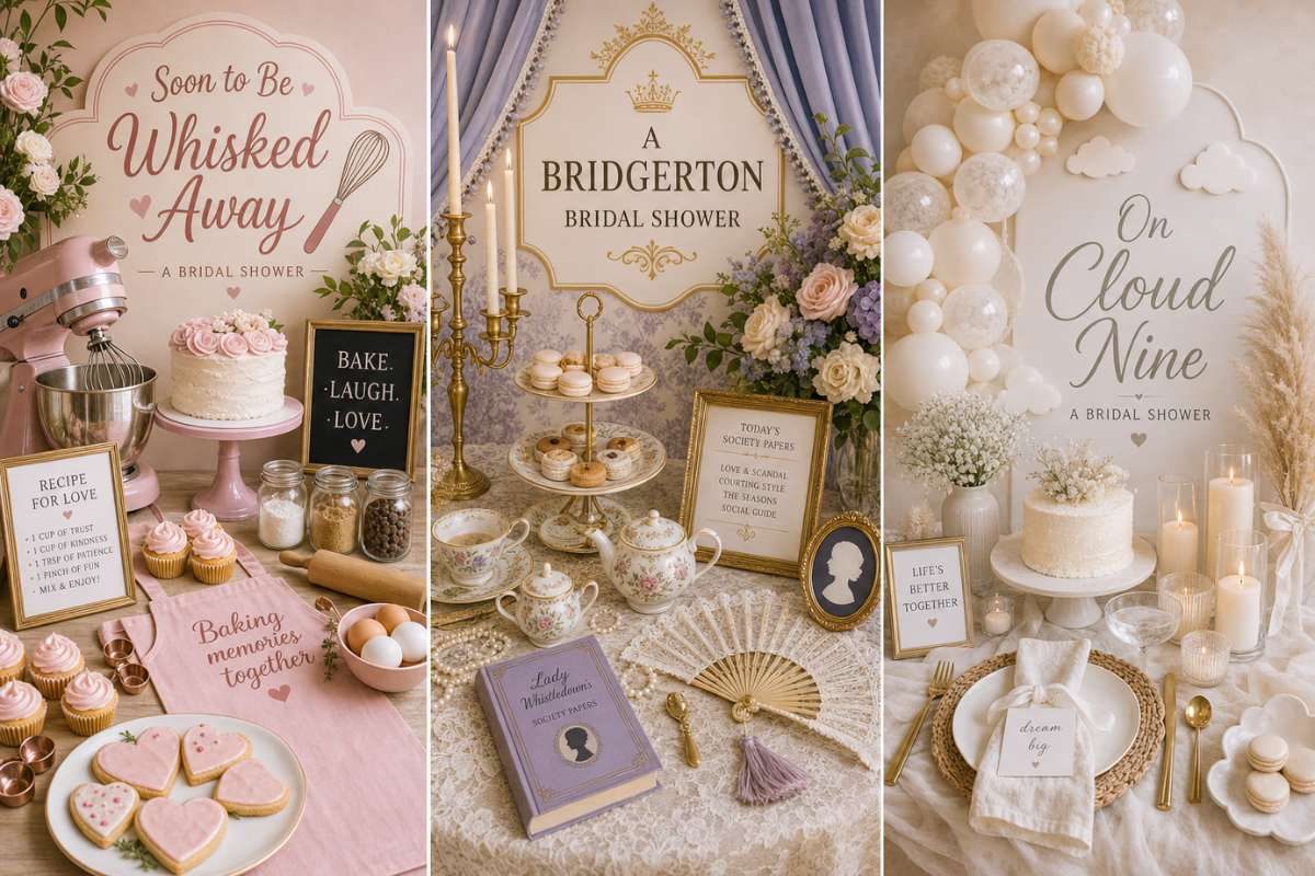 Bridal shower themes including Bridgerton, baking party, and cloud nine aesthetic