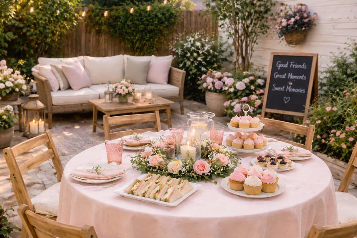 Relaxed backyard patio tea party with pastel table, candles, flowers, and cozy seating