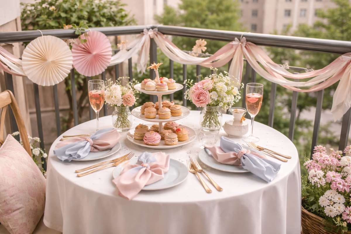 Elegant balcony tea party with pastel napkins, gold cutlery, desserts, and floral decor