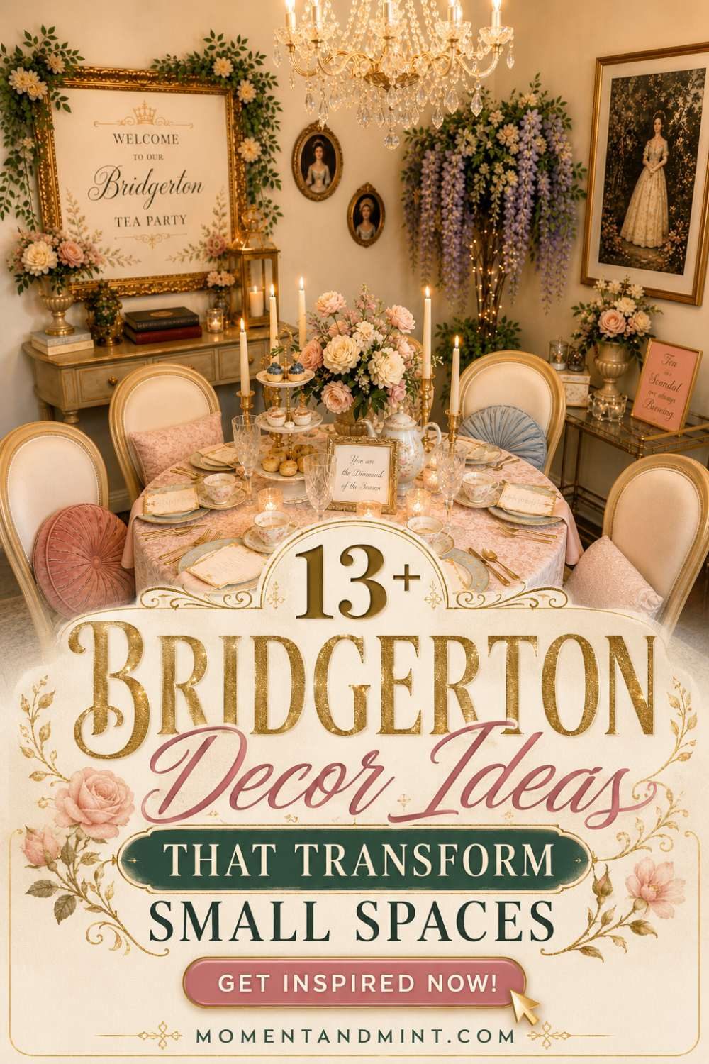 Elegant Bridgerton party decorations for small spaces featuring vintage tea sets, pastel tablescape, floral centerpieces, candles, and Regency-inspired décor.