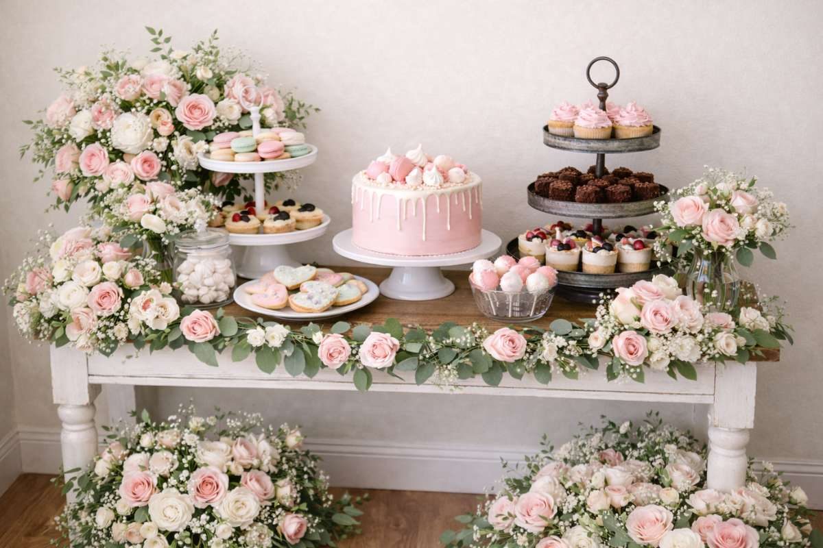 Bridgerton dessert table with pastel cake, macarons, cupcakes, and floral arrangements
