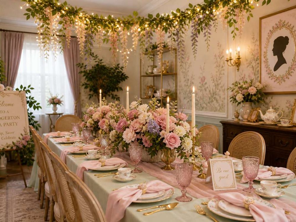 Garden-inspired dining table with pastel linens, floral centerpieces, candles, and elegant decor