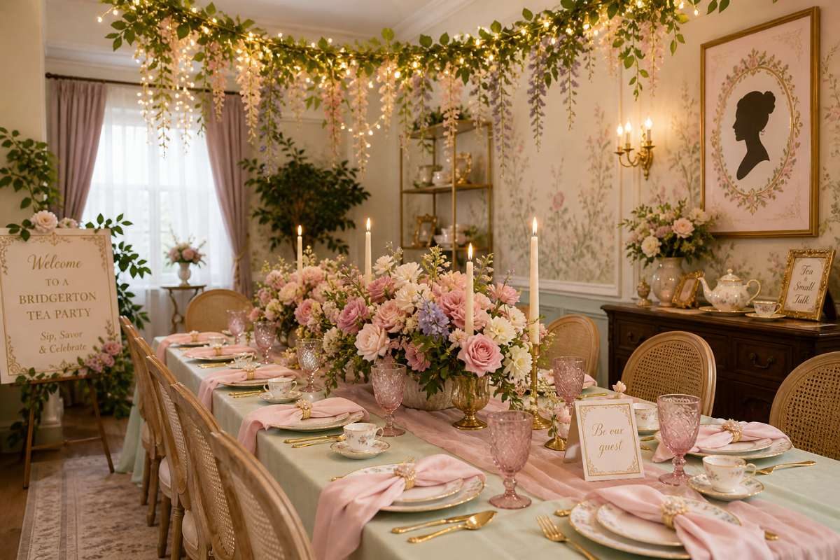 Garden-inspired dining table with pastel linens, floral centerpieces, candles, and elegant decor