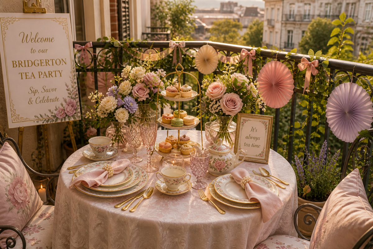 Elegant balcony tea party setup with pastel tableware, gold cutlery, floral arrangements, and tiered desserts in Bridgerton-inspired style
