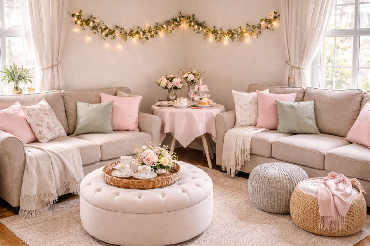 L-shaped living room tea party setup with pastel decor, sofas, and cozy seating