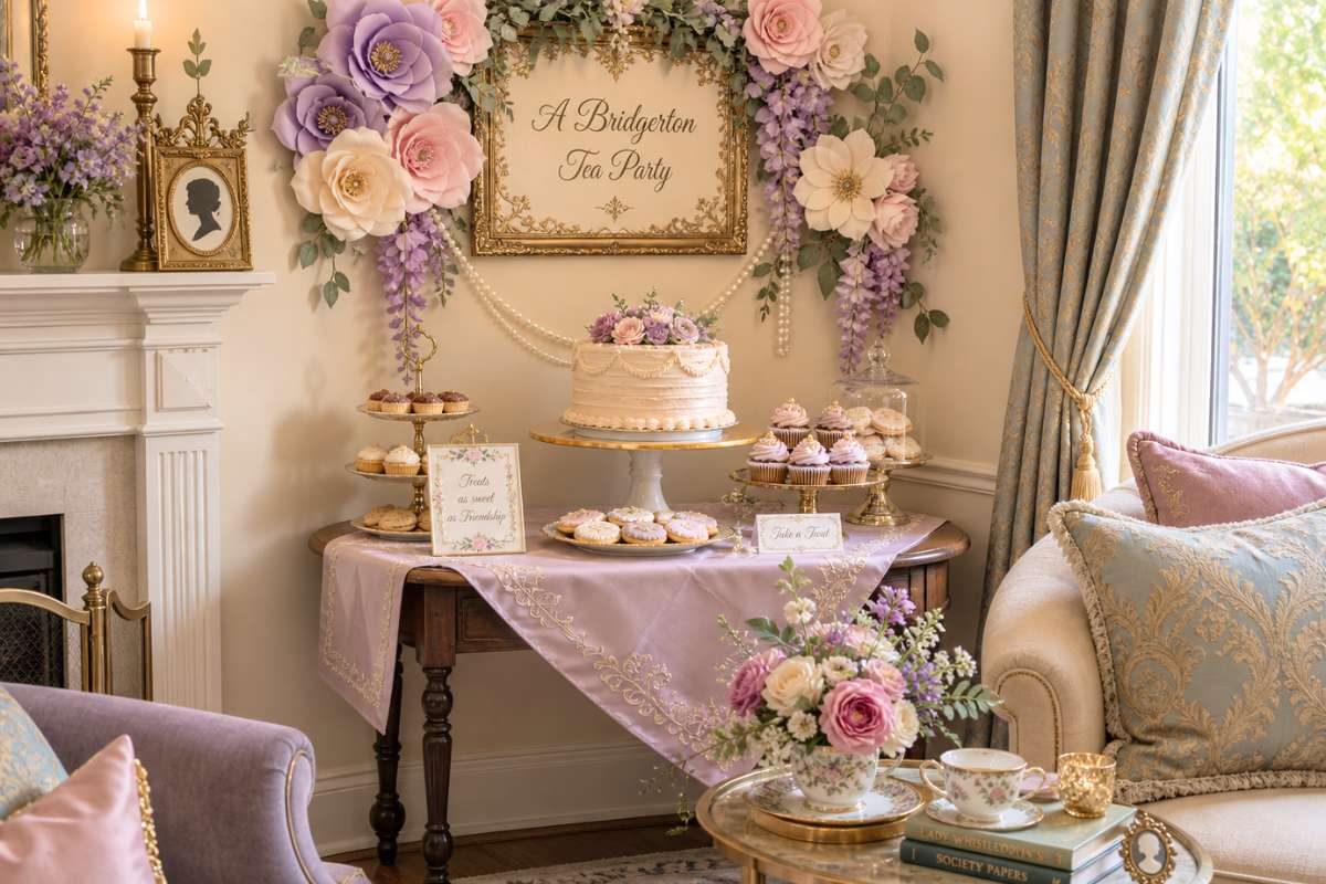 Living room corner dessert station with cake stand, cupcakes, floral decor, and pastel table