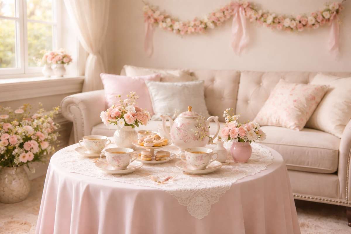 Cozy living room Bridgerton tea party with pastel tablecloth, floral garland, and vintage tea set