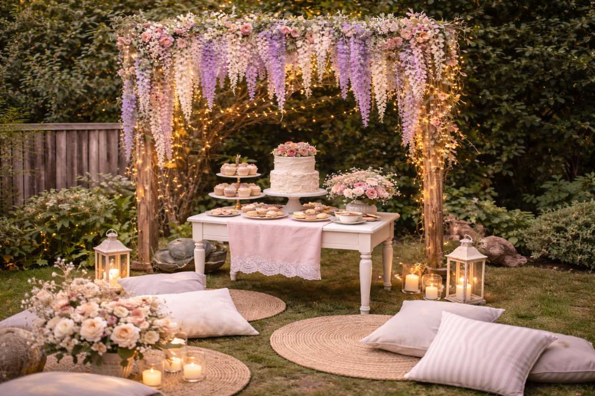 Outdoor garden tea party with wisteria arch, dessert table, candles, and cozy seating