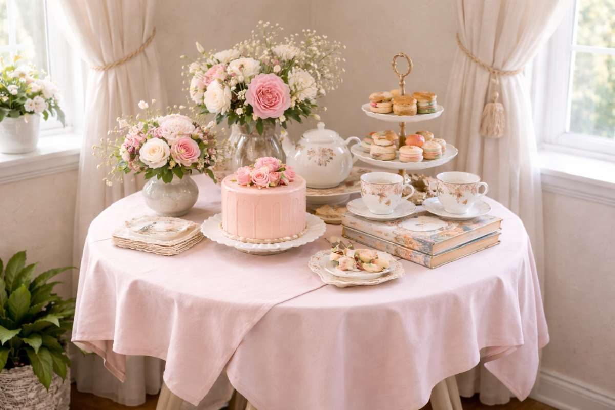 Small round table tea party with pastel linens, cake, flowers, and vintage tea set