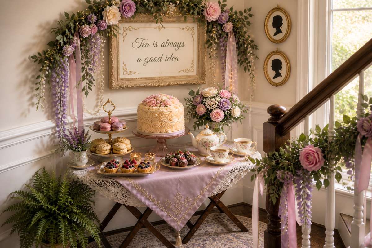 Creative stair landing tea party with cake table, floral garlands, and vintage decor
