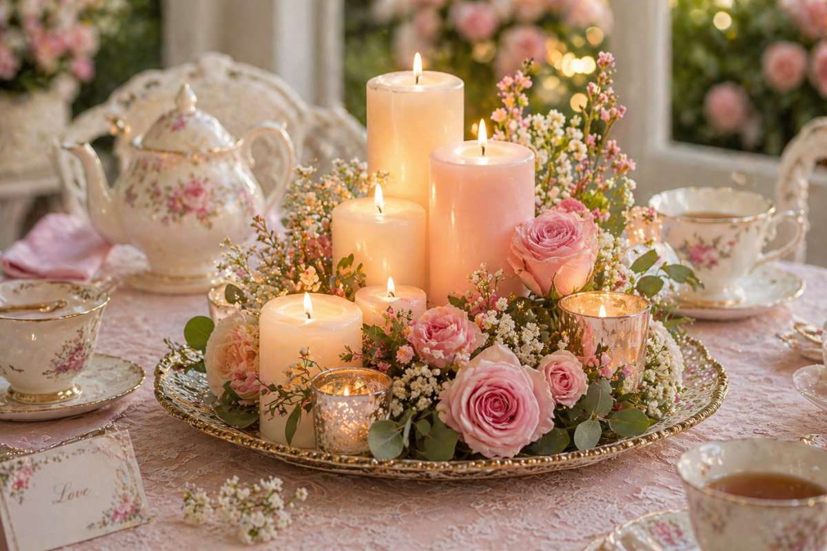 romantic tea party candle centerpiece with roses and soft pastel candles on elegant table setting