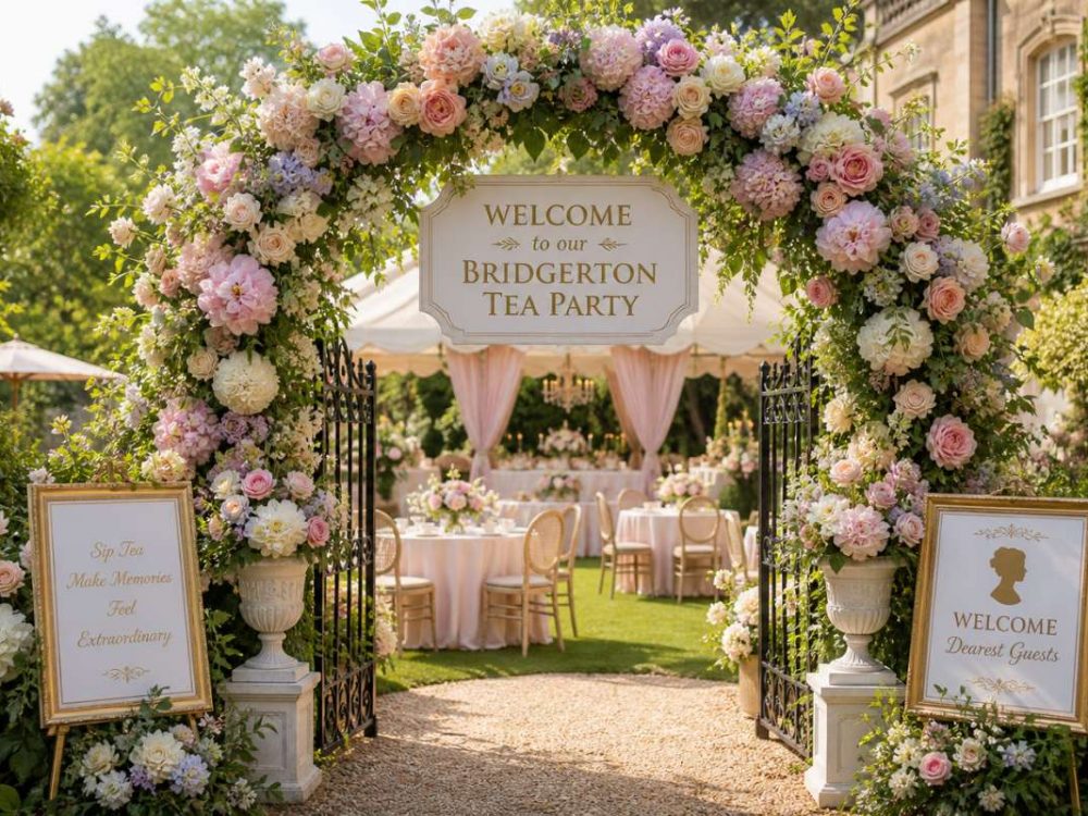 floral entrance arch with pastel flowers and greenery for elegant garden tea party setup