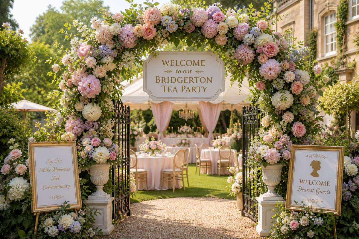 floral entrance arch with pastel flowers and greenery for elegant garden tea party setup
