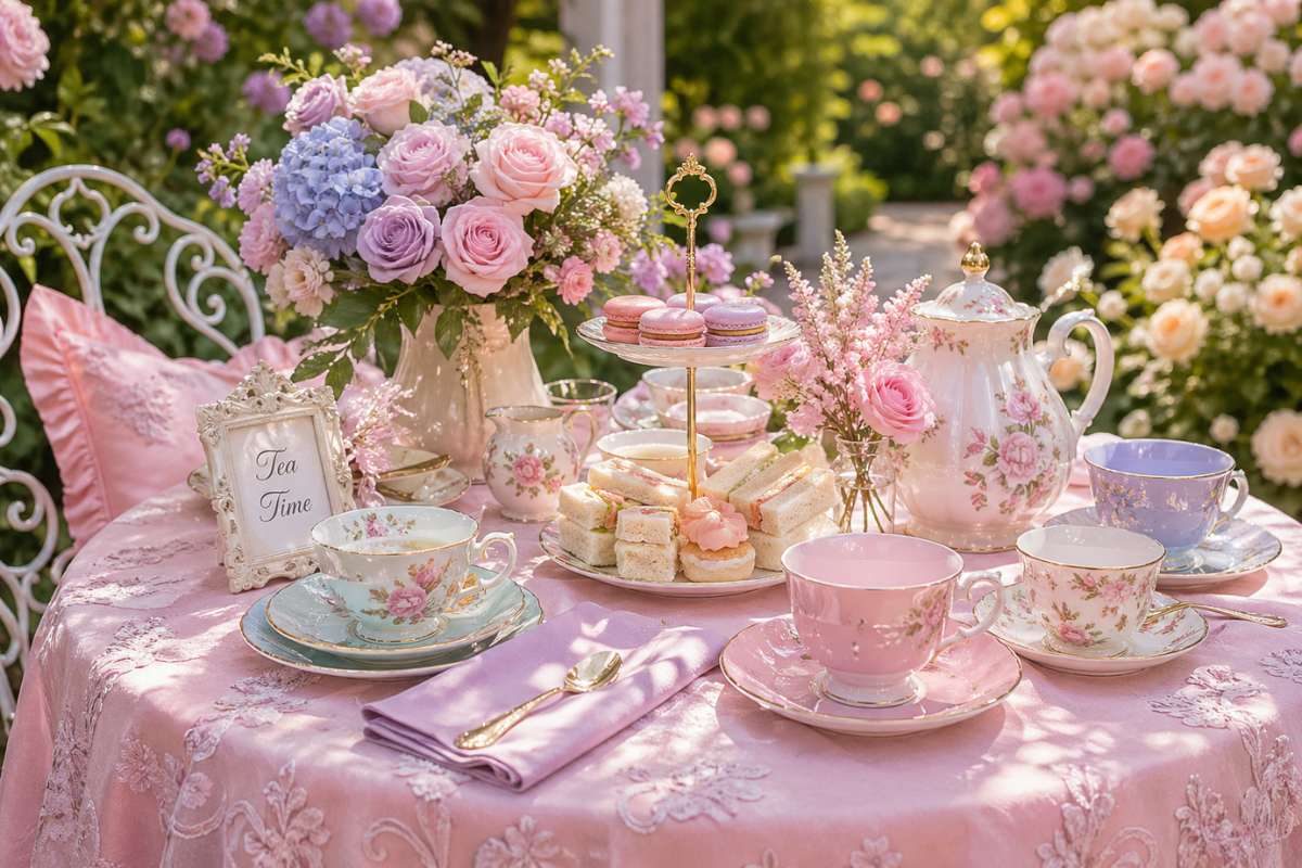 pastel garden tea party table with floral centerpiece and vintage teacups in elegant outdoor setting