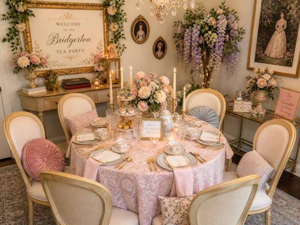 Bridgerton tea party setup in a small garden with pastel table, cupcakes, floral centerpiece, and cozy seating