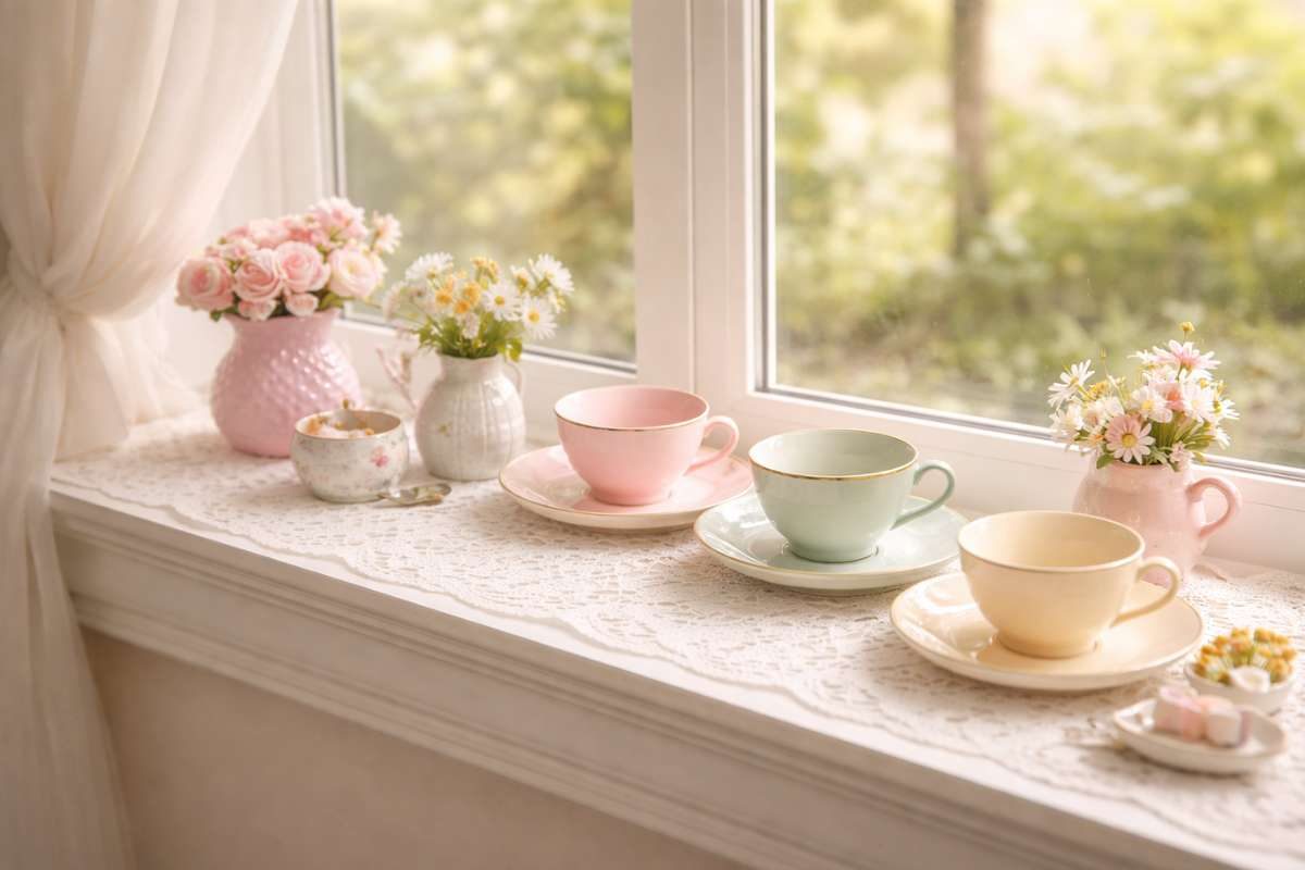 Window ledge decorated with pastel teacups, flowers, and lace runner for tea party