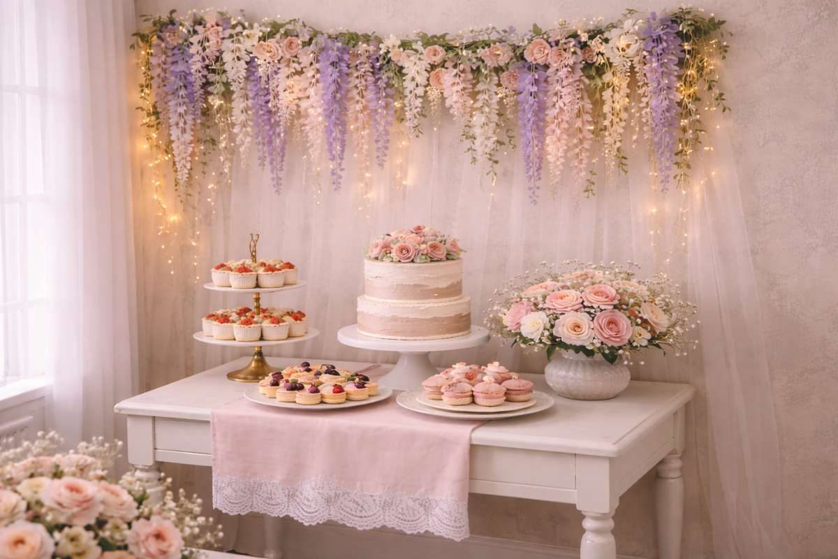 Indoor wisteria backdrop with cake table, cupcakes, and pastel decorations for tea party